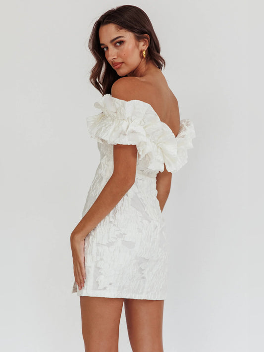 White mini homecoming dress, alternate view showing the bodice and skirt