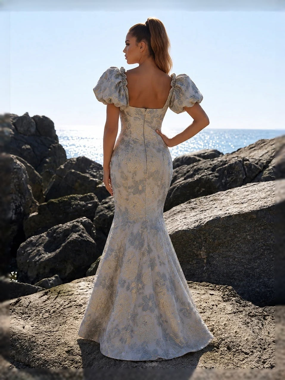 Dusty Blue high-low mother of the bride dress, alternate view showing the bodice and skirt