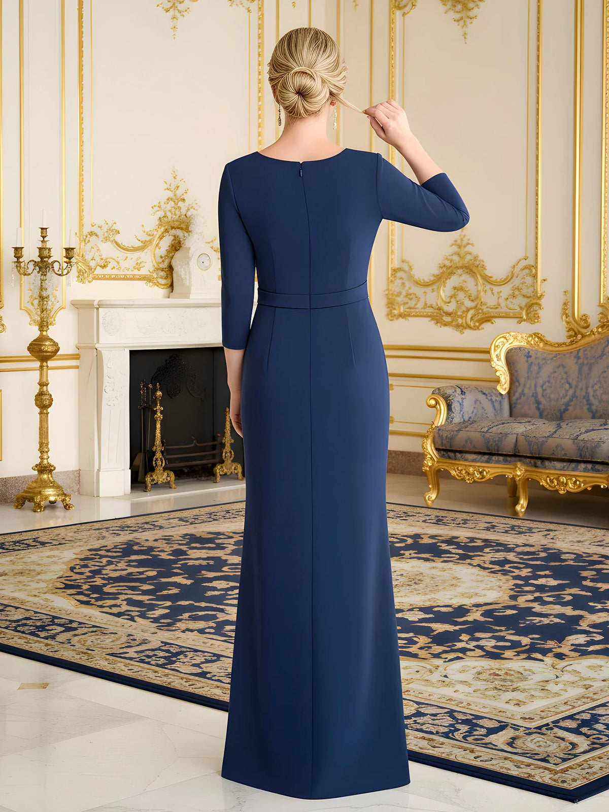 Navy Blue floor-length mother of the bride dress, alternate view showing the bodice and skirt