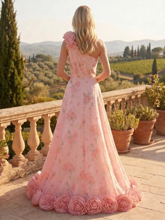 Pink floor-length wedding dress, alternate view showing the bodice and skirt