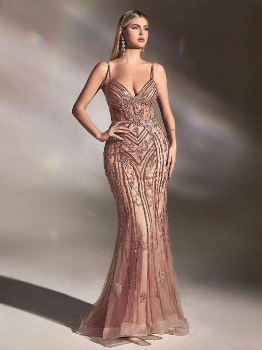 Rose Gold floor-length prom dress, alternate view showing the bodice and skirt