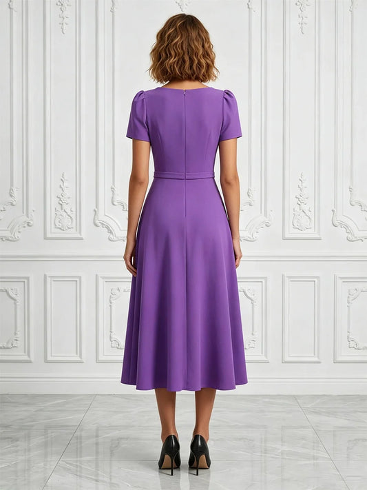 Purple midi mother of the bride dress, alternate view showing the bodice and skirt