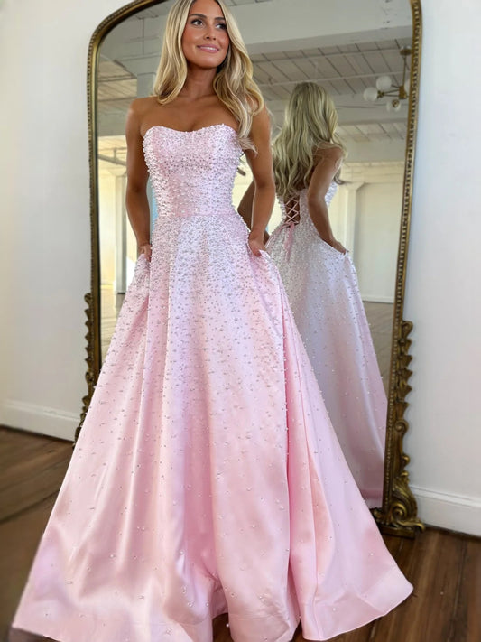Light Pink maxi prom dress, alternate view showing the bodice and skirt