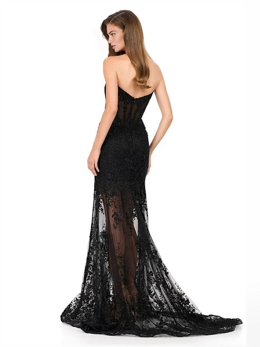 Black mermaid floor-length formal dress with ruffle details, alternate view