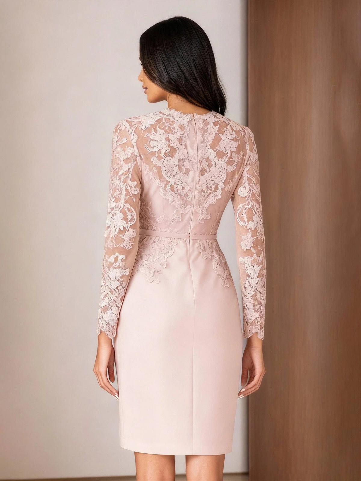 Pink knee-length mother of the bride dress, alternate view showing the bodice and skirt