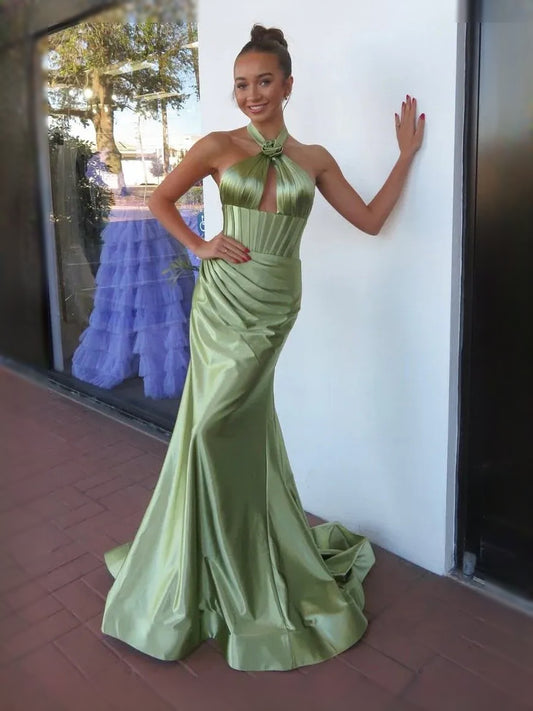Sage Green maxi prom dress, back view showing the rear of the dress