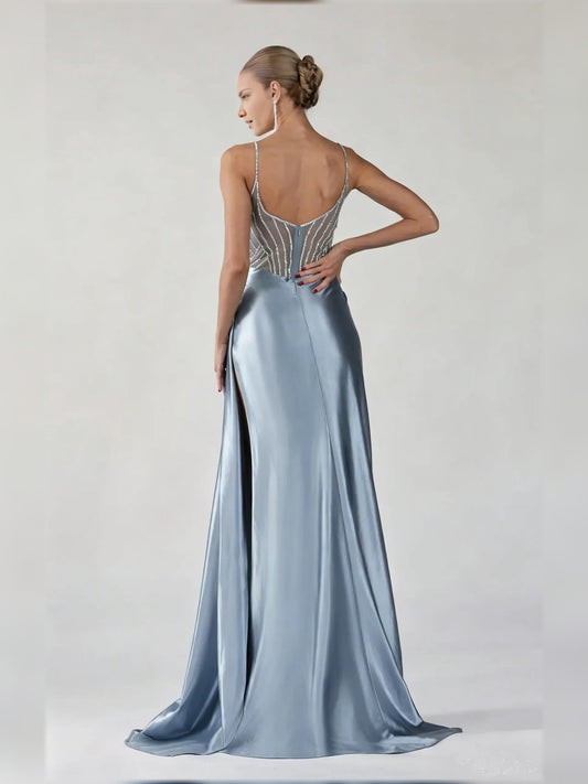 Powder Blue mermaid floor-length formal dress with beading, alternate view