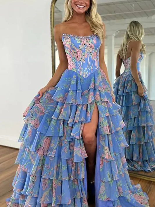 Dark Blue floor-length prom dress, alternate view showing the bodice and skirt