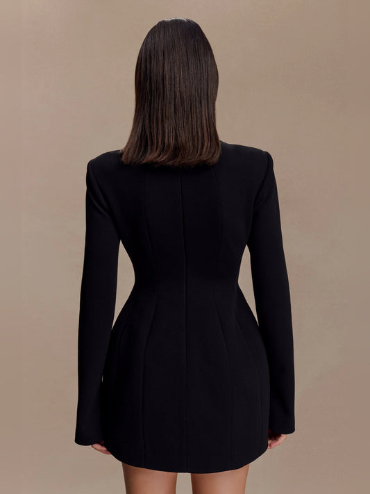 Black mini homecoming dress, alternate view showing the bodice and skirt
