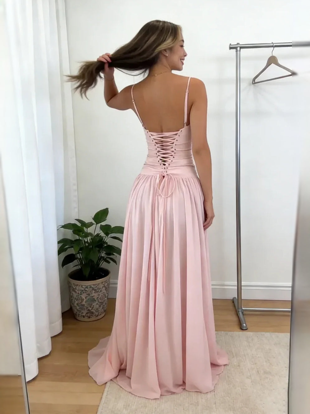 Pink floor-length prom dress, alternate view showing the bodice and skirt