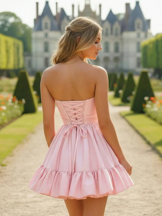 Pink mini homecoming dress, back view showing the rear of the dress