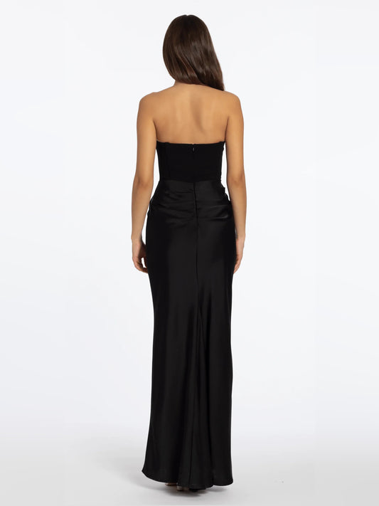 Black mermaid floor-length formal dress with corset-style bodice, alternate view