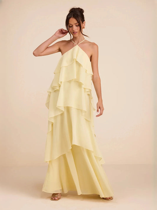 Pale Lemon maxi bridesmaid dress, alternate view showing the bodice and skirt