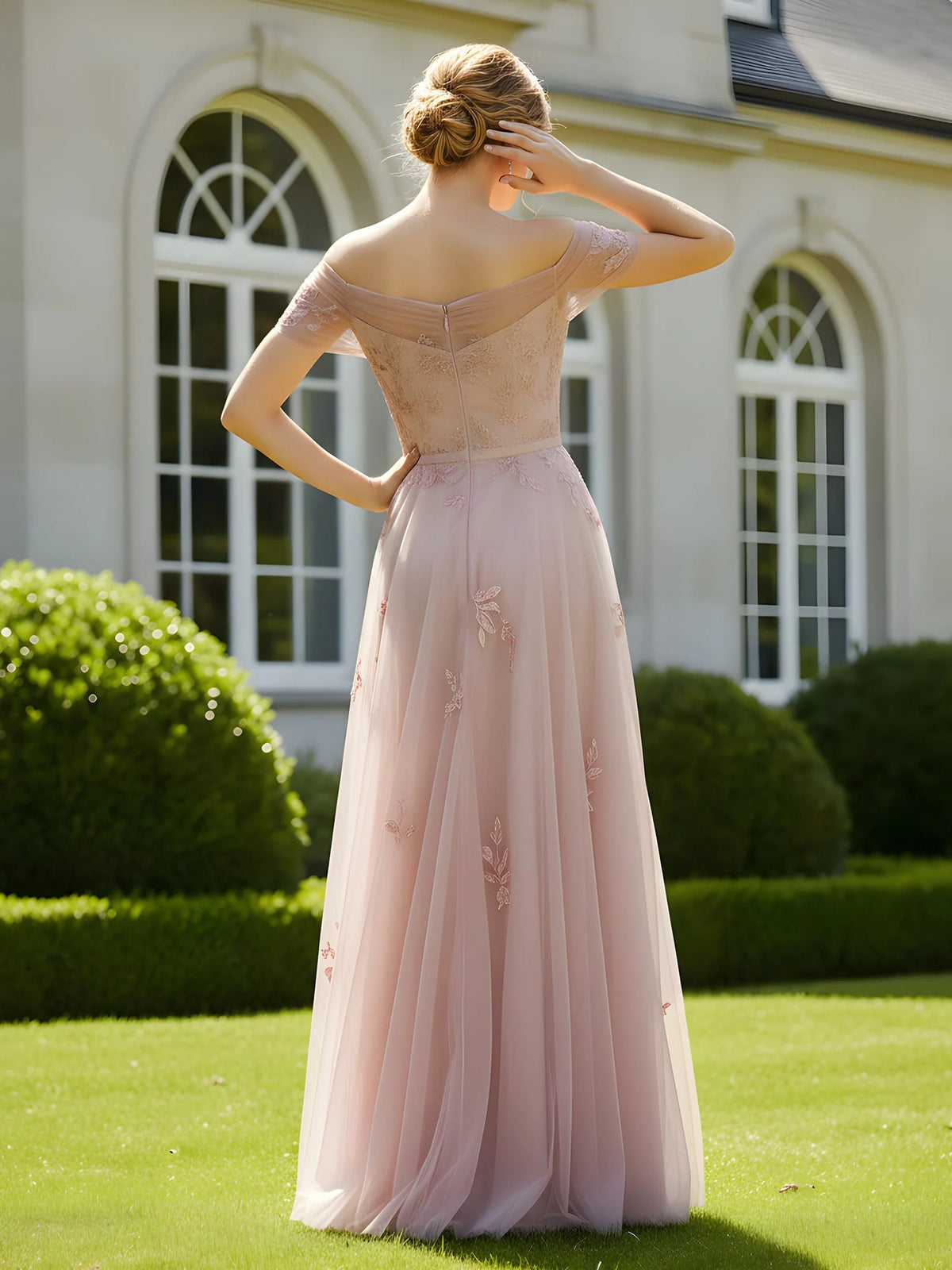 Dusty Rose floor-length mother of the bride dress, alternate view showing the bodice and skirt