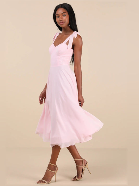 Light Pink Sophisticated Charisma Tie-Strap A-Line Midi Formal Dress, product view