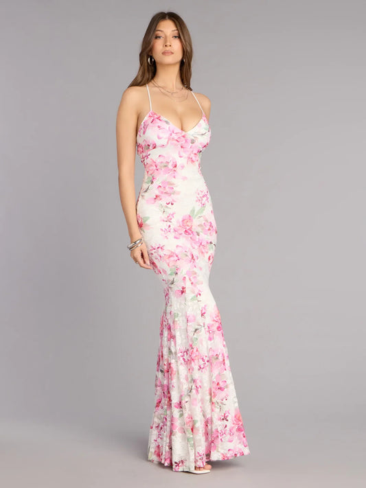 Floral mermaid floor-length formal dress with floral print, alternate view