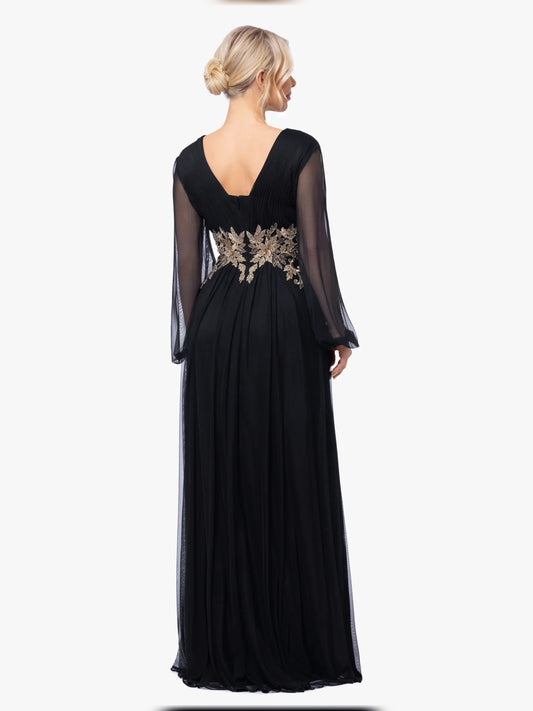 Black maxi mother of the bride dress, alternate view showing the bodice and skirt