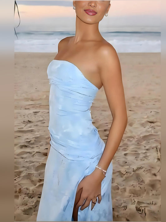 Sky Blue a-line floor-length formal dress with ruching, alternate view