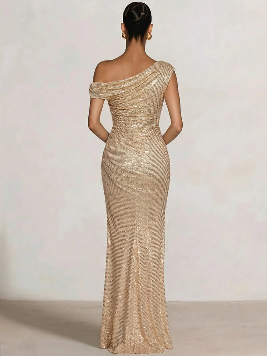 Champagne mermaid floor-length formal dress with ruching, alternate view
