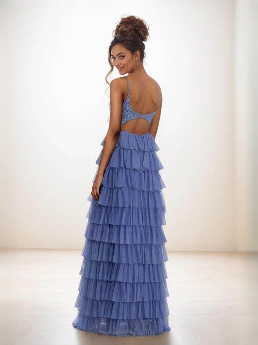 Navy Blue maxi prom dress, back view showing the rear of the dress