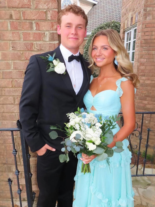 Sky Blue maxi prom dress, alternate view showing the bodice and skirt