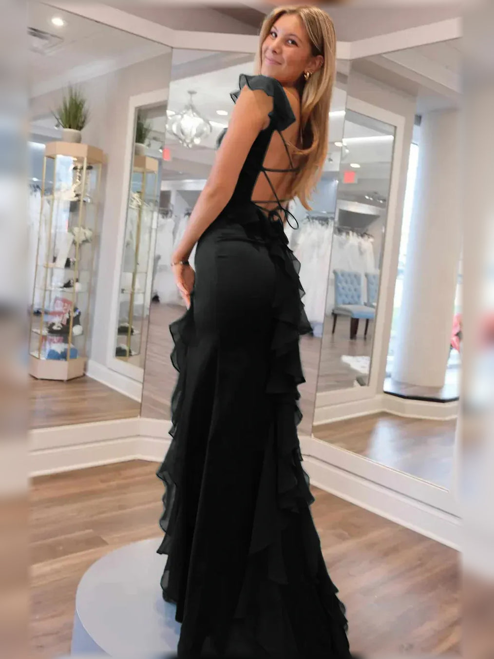 Black mermaid floor-length formal dress with skirt slit, alternate view