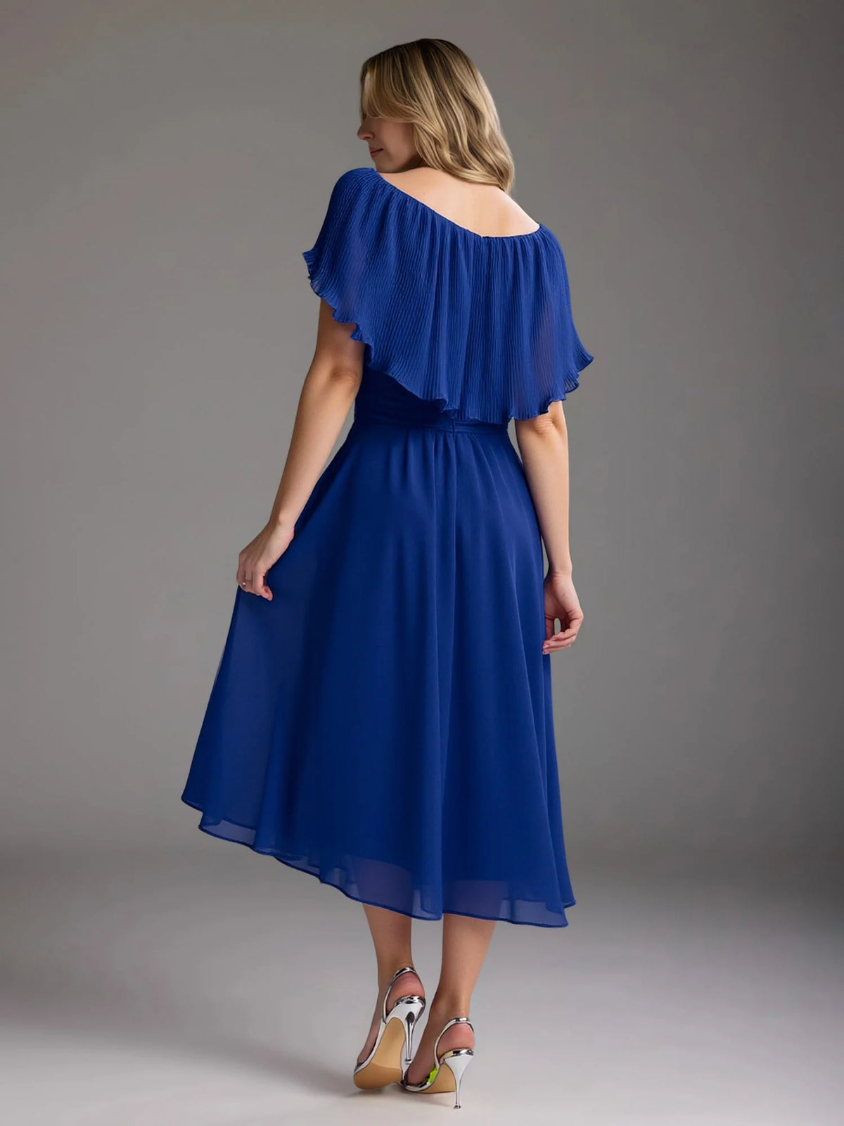 Royal Blue a-line midi formal dress with ruffle details, alternate view