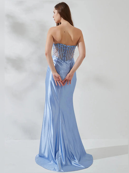 Light Blue mermaid floor-length formal dress with beading, alternate view