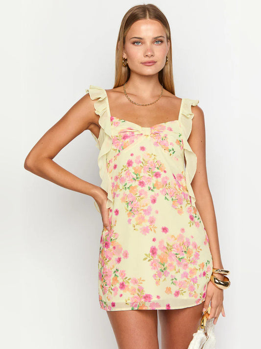 Yellow mini homecoming dress, alternate view showing the bodice and skirt