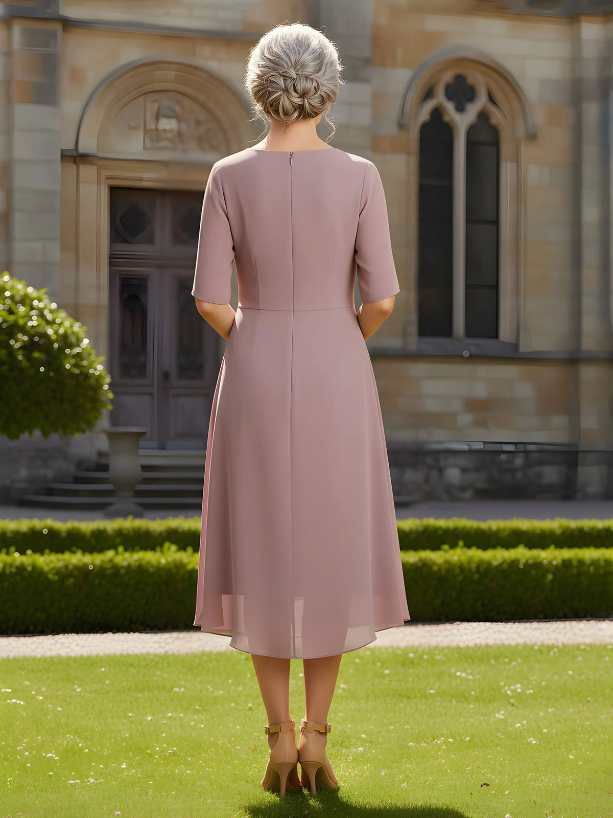 Dusty Rose midi mother of the bride dress, alternate view showing the bodice and skirt