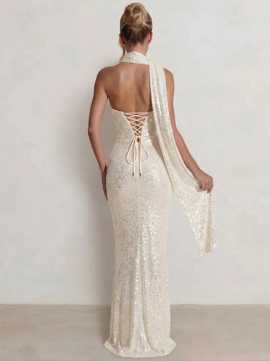 Champagne mermaid floor-length formal dress with draping, alternate view