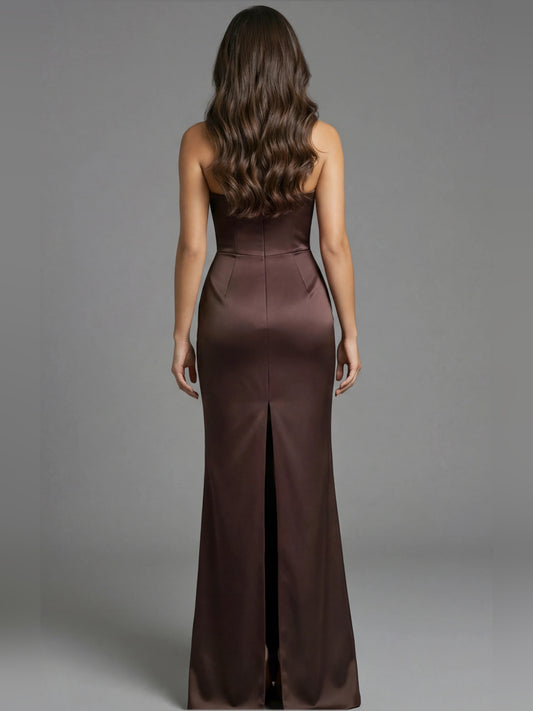 Chocolate mermaid floor-length formal dress with bow detail, alternate view