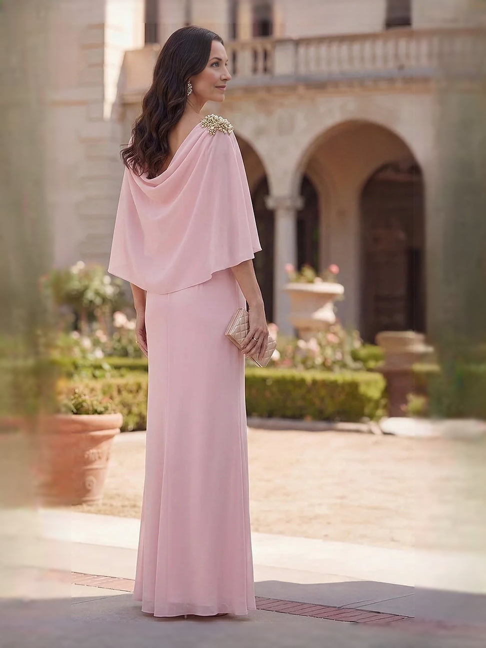 Pink floor-length mother of the bride dress, alternate view showing the bodice and skirt