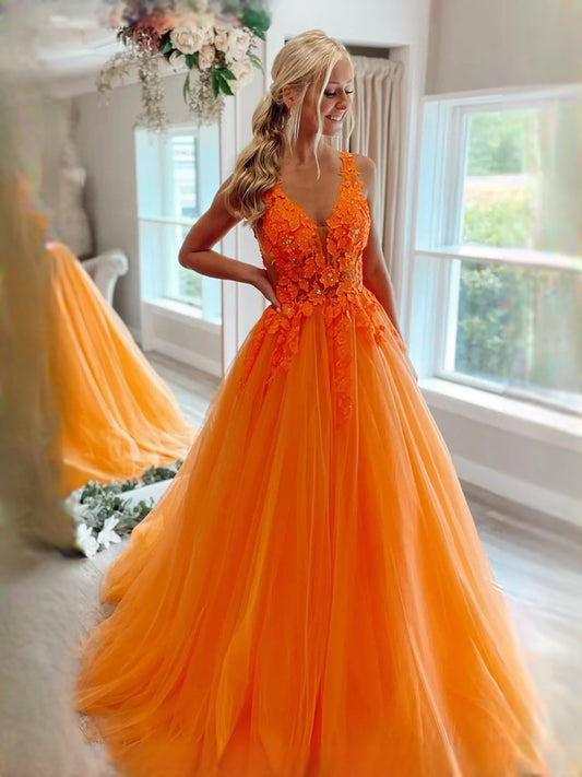 Orange floor-length prom dress, alternate view showing the bodice and skirt