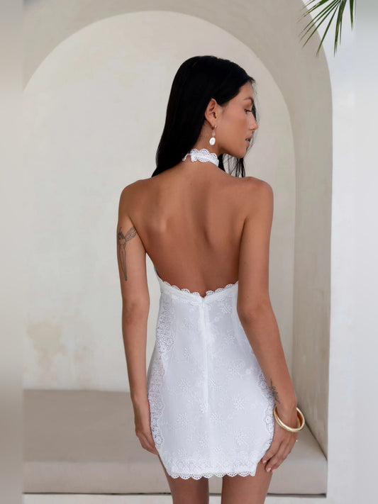 White mini homecoming dress, alternate view showing the bodice and skirt
