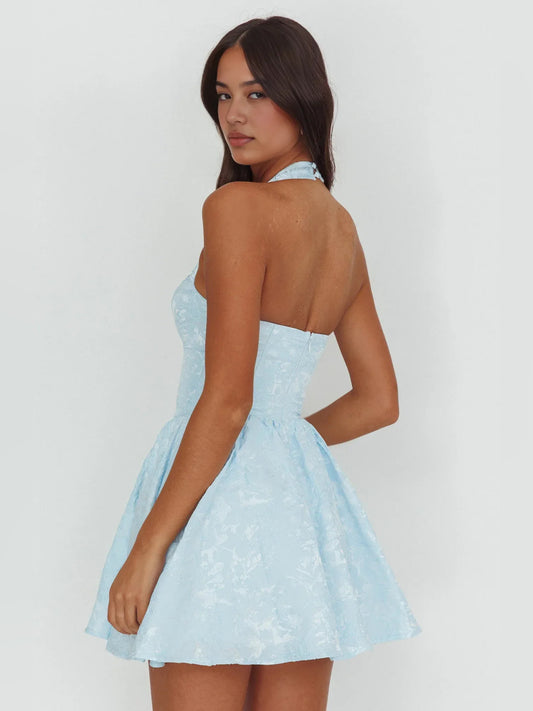 Sky Blue mini homecoming dress, back view showing the rear of the dress