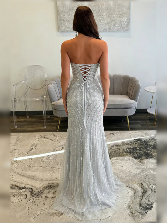 Silver mermaid floor-length formal dress with beading, alternate view