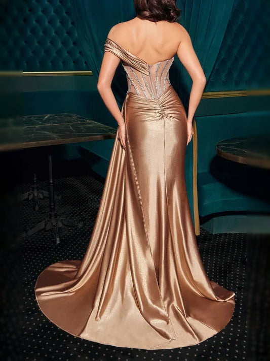 Champagne mermaid floor-length formal dress with draping, alternate view