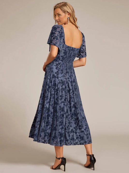 Navy Blue midi mother of the bride dress, alternate view showing the bodice and skirt