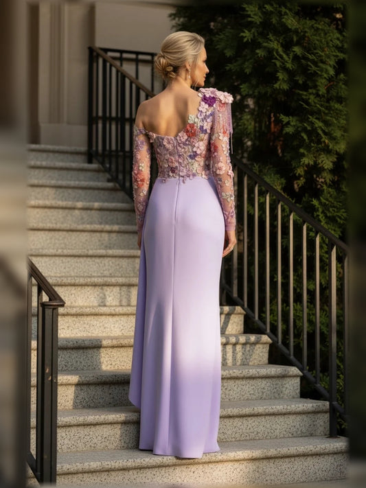 Lavender floor-length mother of the bride dress, alternate view showing the bodice and skirt
