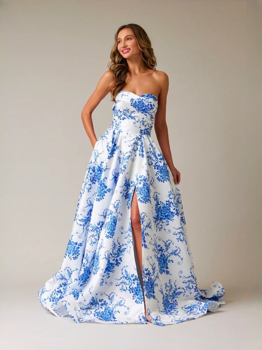 Blue maxi prom dress, alternate view showing the bodice and skirt