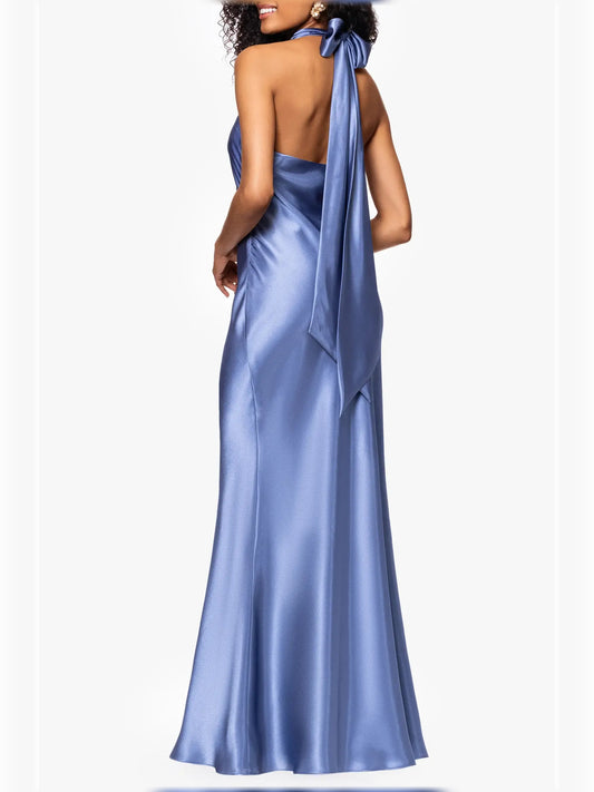 Blue mermaid floor-length formal dress with draping, alternate view