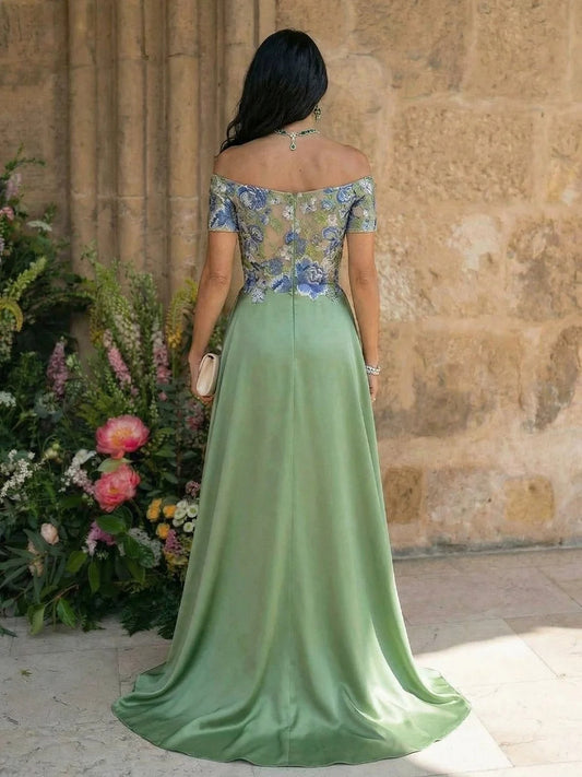 Sage Green floor-length mother of the bride dress, alternate view showing the bodice and skirt