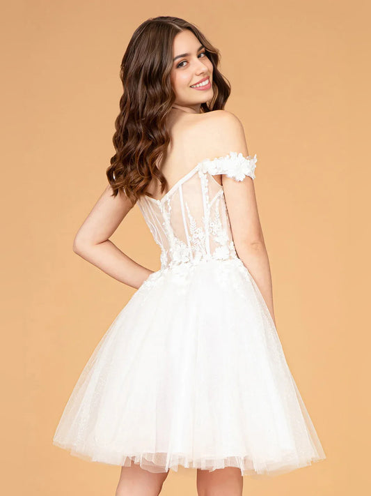 White mini homecoming dress, back view showing the rear of the dress