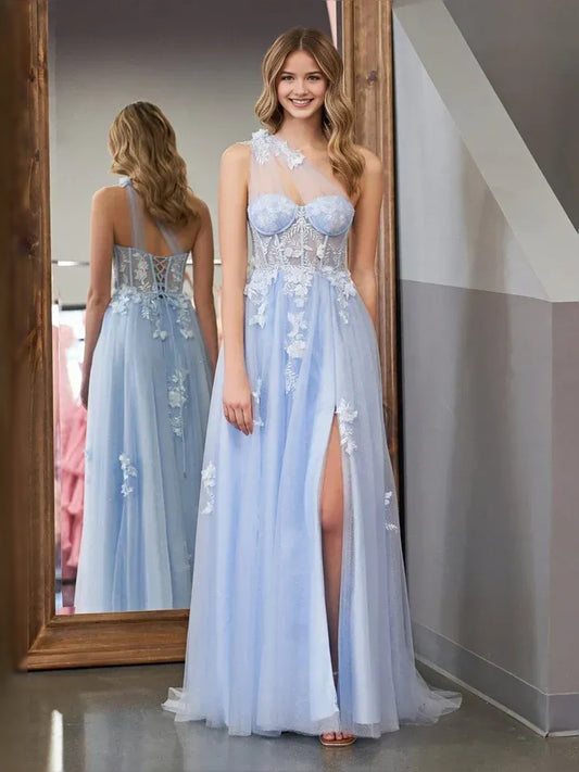 Sky Blue floor-length prom dress, alternate view showing the bodice and skirt