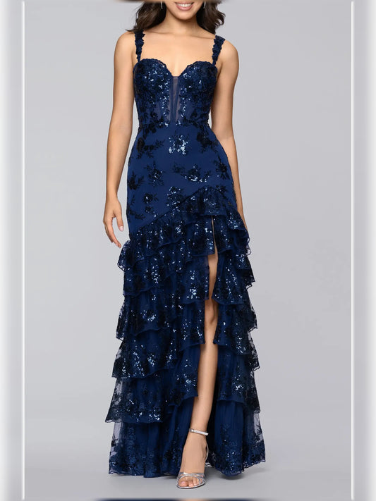 Navy Blue mermaid floor-length formal dress with tiered skirt, alternate view