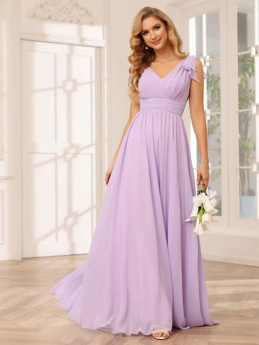 Lilac floor-length bridesmaid dress, alternate view showing the bodice and skirt