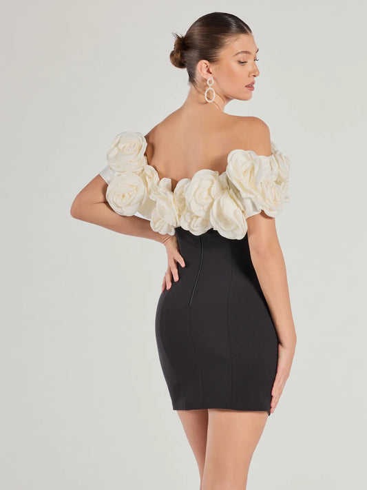 Floral mini homecoming dress, alternate view showing the bodice and skirt