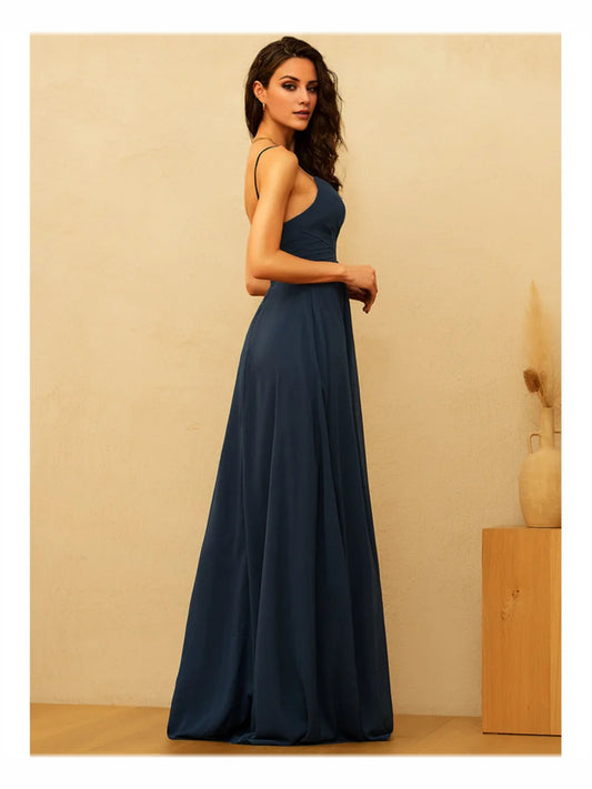 Dark Navy maxi bridesmaid dress, alternate view showing the bodice and skirt