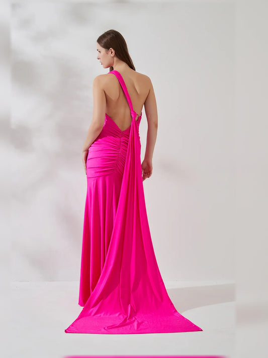 Hot Pink mermaid floor-length formal dress with draping, alternate view